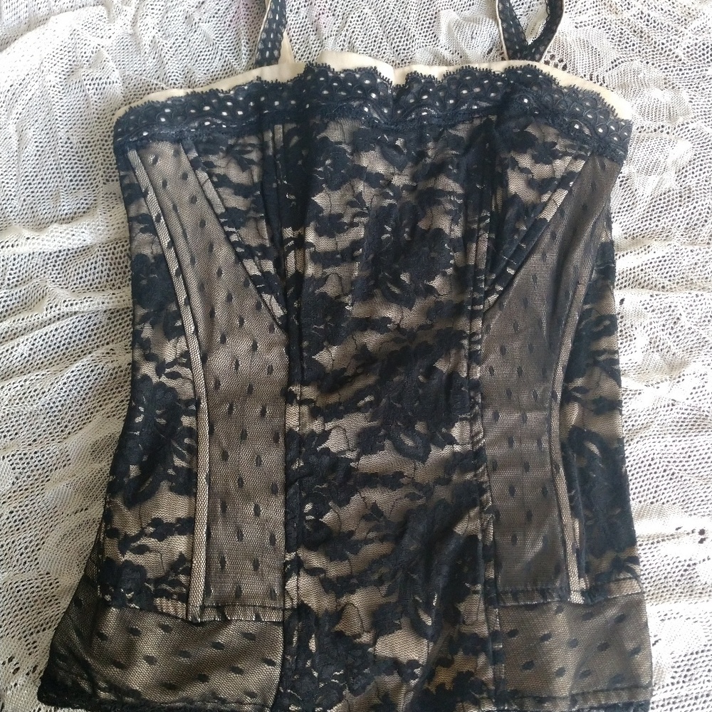 Tan and black tripp corset
